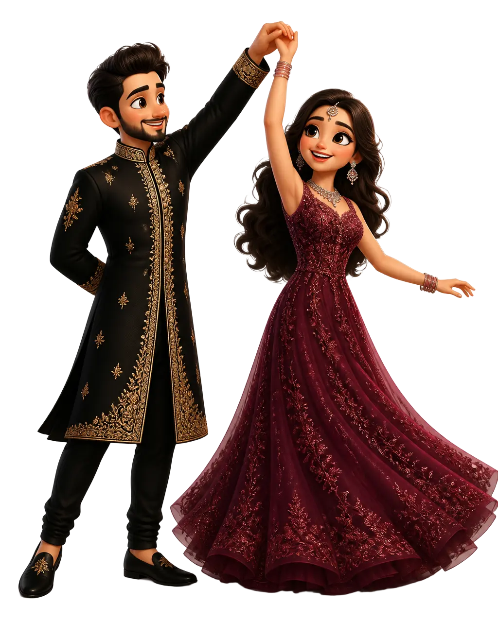 Illustration of the couple dancing, in a black sherwani and a wine-red gown