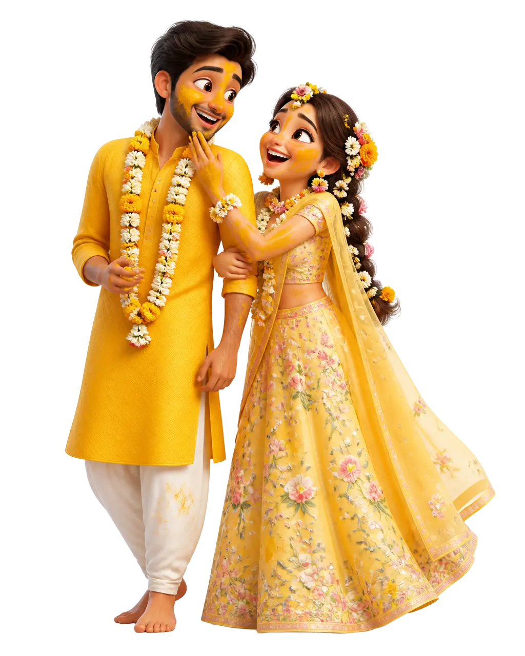 Illustration of the couple in yellow Haldi outfits with flower garlands