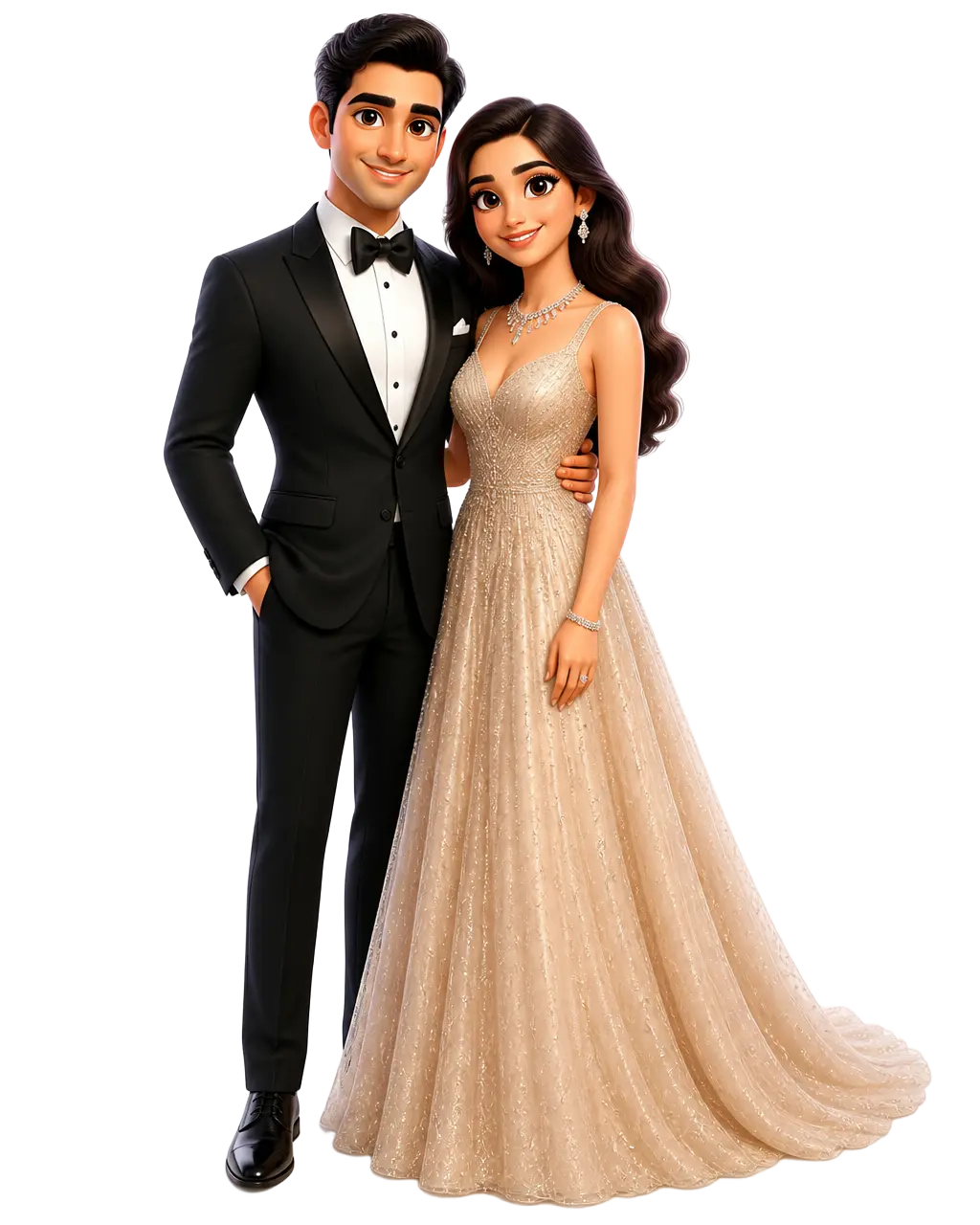 Illustration of the couple in a black tuxedo and a champagne gown